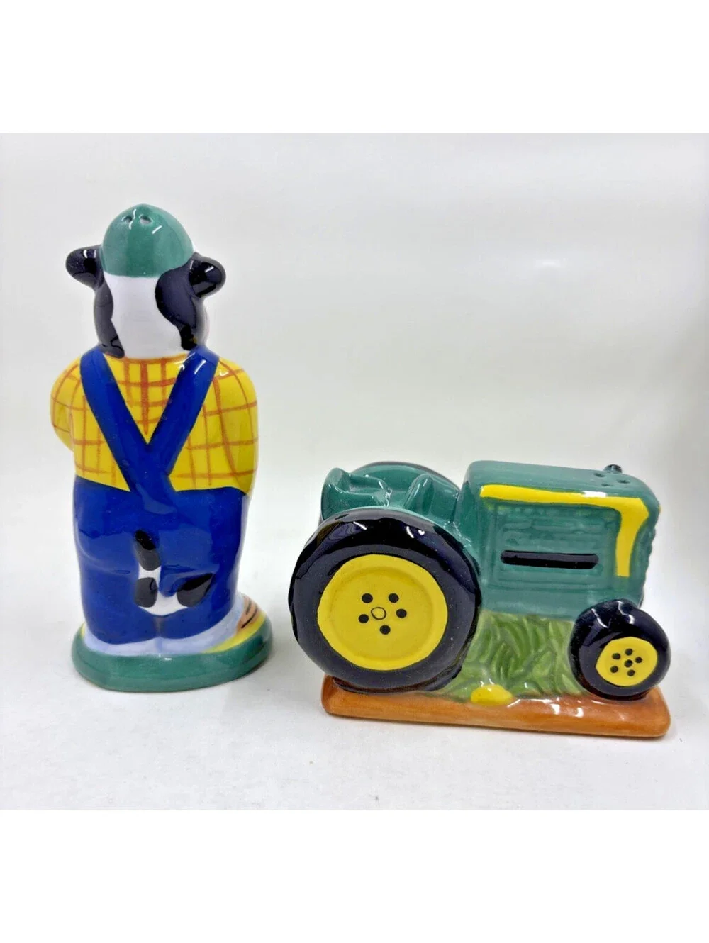 Vintage 1990's Cow Farmer Green Tractor Salt Pepper Shakers Ceramic Novelty
